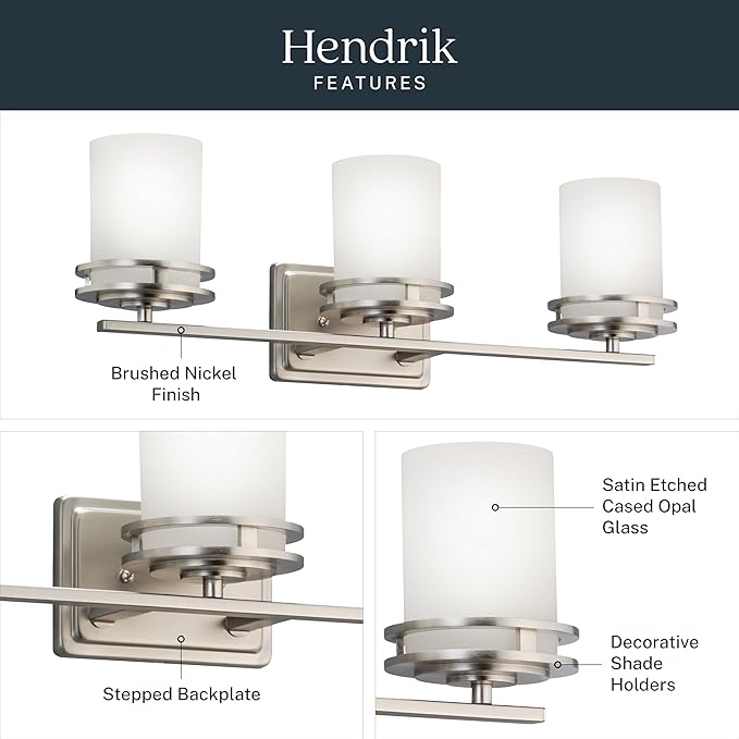 Kichler Hendrik 24" Vanity Light in Brushed Nickel, 3-Light Modern Bathroom Vanity with Satin Etched Cased Opal Glass, (24" W x 8" H), 5078NI
