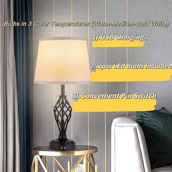 Charging Table Lamps Set of 2, nightstand lamp with USB Ports Bedside Desk lamp for Living Room Bedroom,Black Spiral cage Base Design 3 Color Temperature LED Bulbs Included.