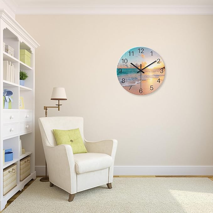 Beach Wall Clock Battery Operated 12 Inch Glass Wall Clock Non Ticking Analog Blue Wall Clocks for Bedroom Living Room Office Decor