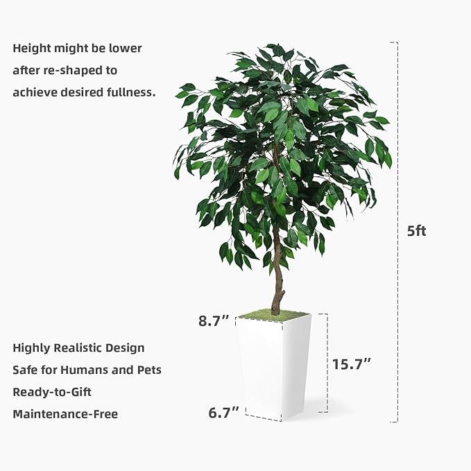 Artificial Ficus Tree 5FT - Faux Indoor Tree with White Tall Planter - Fake Ficus Floor Plant Potted - Artificial Silk Tree for Home Office Living Room Decor Indoor