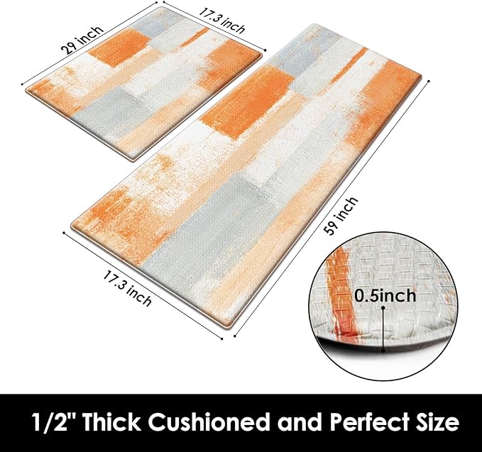 Arttown Orange Beige Vintage Anti-Fatigue Kitchen Rug Set of 2 Orange Grey Abstract Cushioned Floor Mat, Standing Waterproof Non-Slip Kitchen Mat PVC Ergonomic Comfort Foam Rug