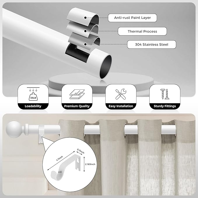 White Curtain Rod, 1 Inch Adjustable Heavy Duty Curtain Rods for Windows 30 to 56 Inch, Decorative Modern Window Treatment Rods, Telescopic Splicing Metal Drapery Pole, Easy Installation