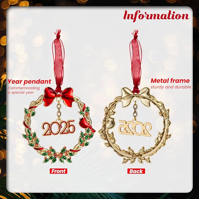LIFE&FOOT Christmas Tree Ornaments 2025 Wreath Hanging Charm Decorative Pendant of Car Charm Holiday Keepsake Gift Home Decor (Gold 2025)