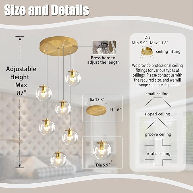 6-Light LED Staircase Modern Glass Globe Pendant Light Gold Chandeliers Large Chandeliers for High Ceilings, Entryway Lighting Fixture Villas and Stairs