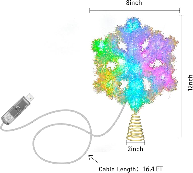 Smart Snowflake Christmas Tree Topper, 8 Inch Rainbow Lacquer Finish with RGB Color Changing, Static & Dynamic Modes, 12 LEDs, USB Powered for Xmas Tree Decorations