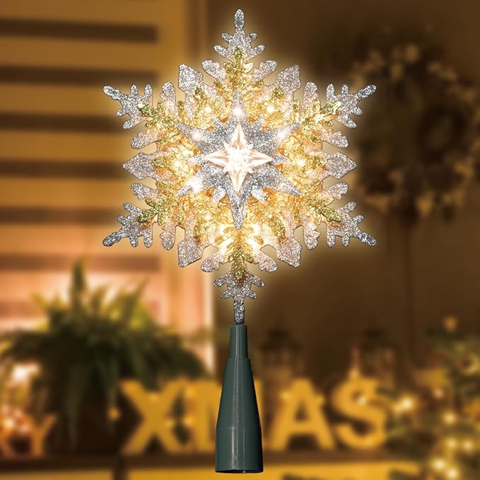 LAMPHOME 10" 20L Lighted Gold/Silver Stacked Snowflake Tree Topper, Lighted Snowflake Tree Topper, Silver and Gold Warm White