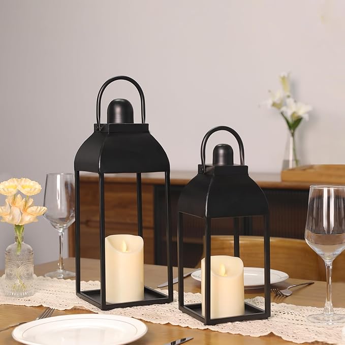 Lanterns Decorative Outdoor Indoor, Black Metal Outdoor Lanterns, 17'' 13'' Set of 2 Modern Farmhouse Candle Lantern Decor Rustic Lanterns Centerpieces for Patio, Front Porch, Mantel, Wedding