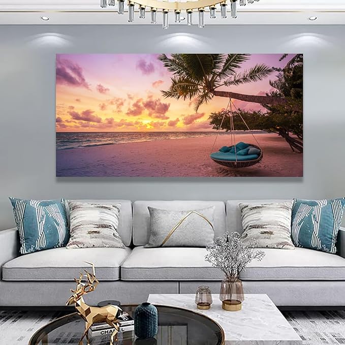 Purple Beach Palm Pictures Canvas Wall Art For Living Room Bedroom Wall Decor,Sunset Wall Art Print Paitnings For Home Decor,Morden Artwork Coconut Tree Canvas Art Ready To Hang-24x48 Inches