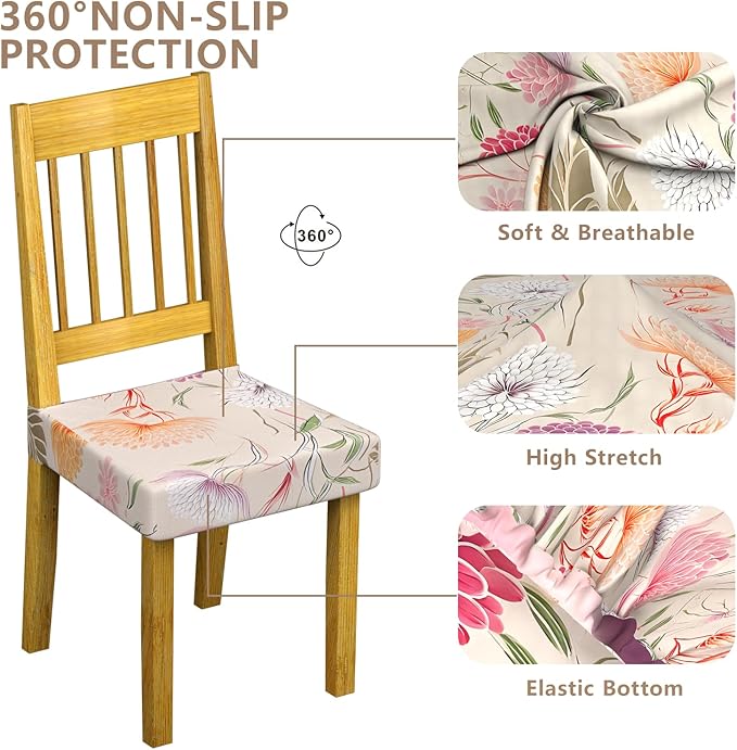 Stretch Dining Chair Seat Covers Set of 6,Dining Chair Slipcovers, Floral Printed Chair Covers,Soft Fabric Washable Upholstered Chair Seat Protector, No Rear Covers for Home Kitchen Dining Room