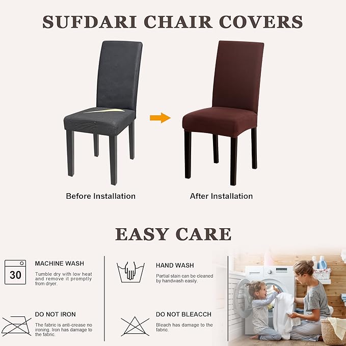 Sufdari Dining Chair Covers,Kitchen Chair Cover,Parsons Chair Slipcover,Spandex Chair Protectors for Dining Room Stretch Chairs Cover Set of 8 -Brown