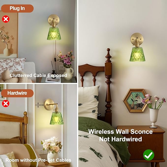 2 Pack Vintage Battery Operated Wall Sconces, Flower Green Lampshade & 180 Degree Adjustable, Wireless Rechargeable RGB Wall Light with Remote Control, for Bedroom Living Room Hallway Aisle