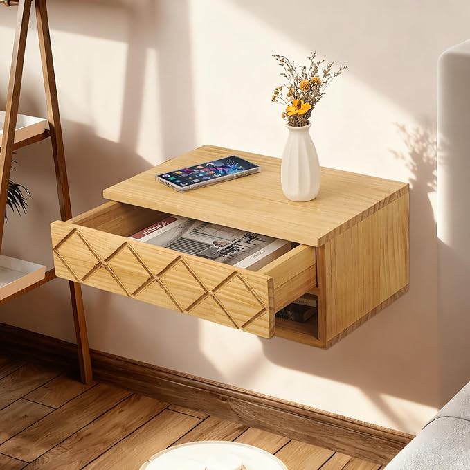 Floating Nightstand, Wall Mounted Bedside Bedroom with Drawer Nightstand, Small Floating Shelves, Floating Wood Bedside Table for Living Room Bathroom Natural 16”x 10”x 8”