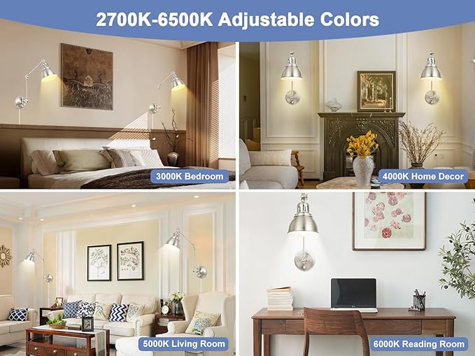 2 Pack Plug in Wall Sconces with Remote, Dimmable, Adjustable Colors, Swing Arm Wall Lamps, Wall Sconces Set of Two with Timer & Night Light, Plug-in or Hardwired (Brushed Nickel, With Bulbs+Remote)