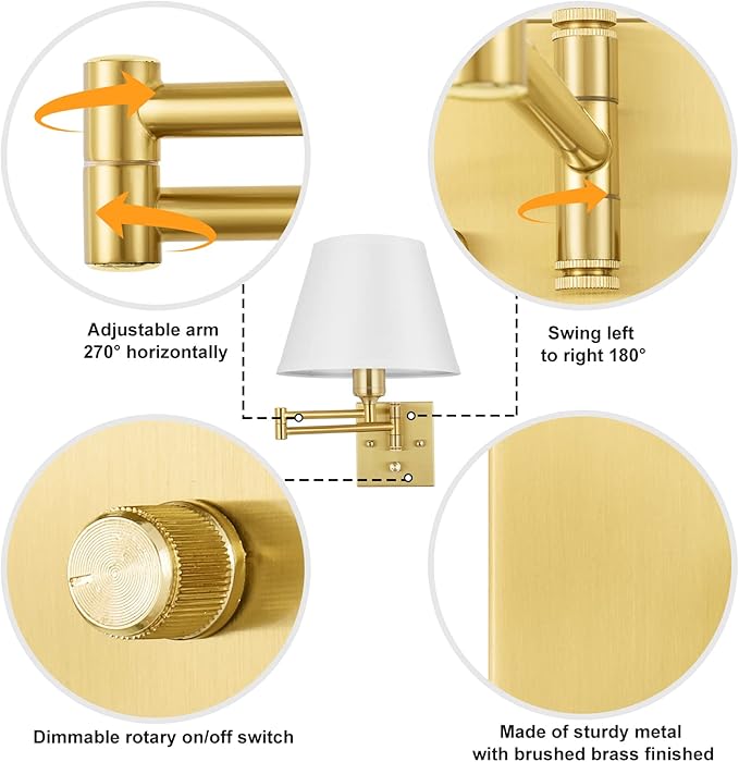 TRLIFE Dimmable Wall Sconce, Remote Control Dimming 10-100% and Adjustable Color Temperature 2700K-6500K Brushed Brass Swing Arm Wall Lights with Plug in Cord, 9.4" Medium White Shade(2 Pack, 2 Bulbs)