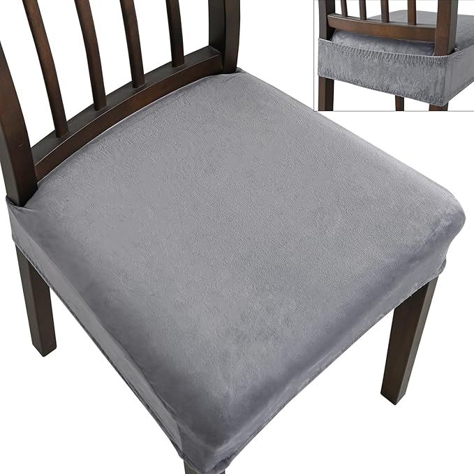 Dining Chair Seat Covers, Stretch Velvet Chair Seat Slipcovers Protector, Removable Washable Kitchen Chair Covers for Dining Room Chairs (Set of 2, Light Grey)