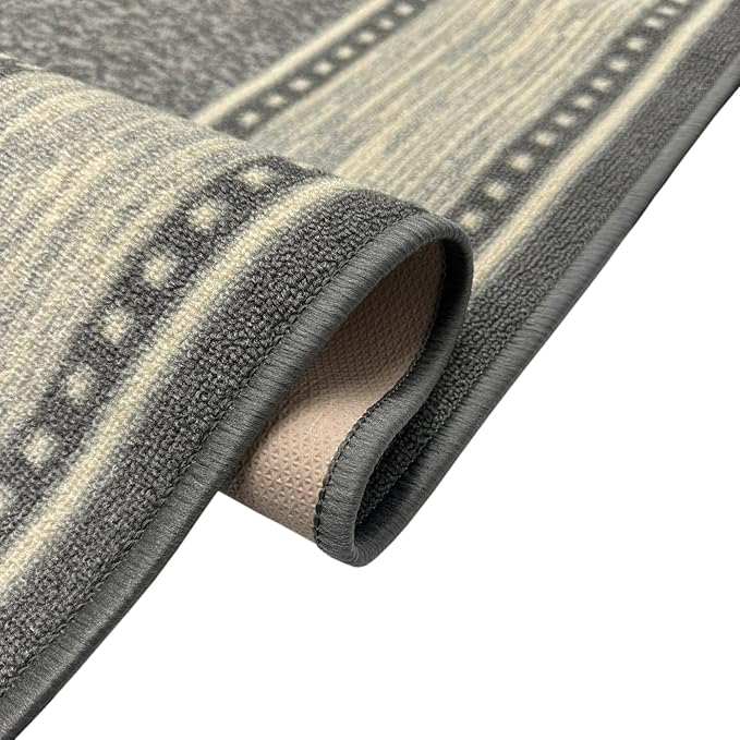 Kapaqua Custom Size Grey Ivory Bordered Rubber Backed Non-Slip Hallway Stair Runner Rug Carpet 31 inch Wide Choose Your Length 31in X 12ft