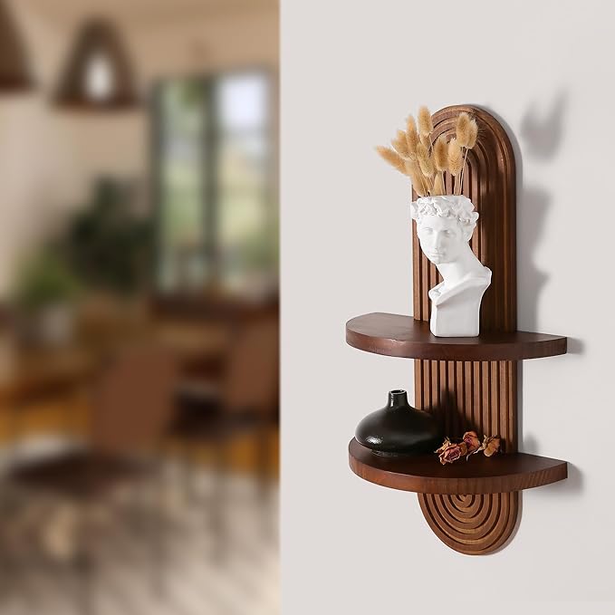 Modern Wall Shelf with Arched Wood Design Mid-Century Double Floating Rainbow Shelves for Indoor Decoration Holding Planter Ornaments, 22 x 11.6 Inch (Walnut)