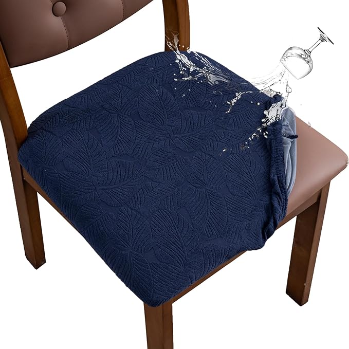 Waterproof Chair Seat Cover for Dining Room-Stretchy Washable Chair Seat Covers Set of 6-Kitchen Chair Seat Slipcovers Protector for Home Restaurant Banquet (Navy Blue,Large)