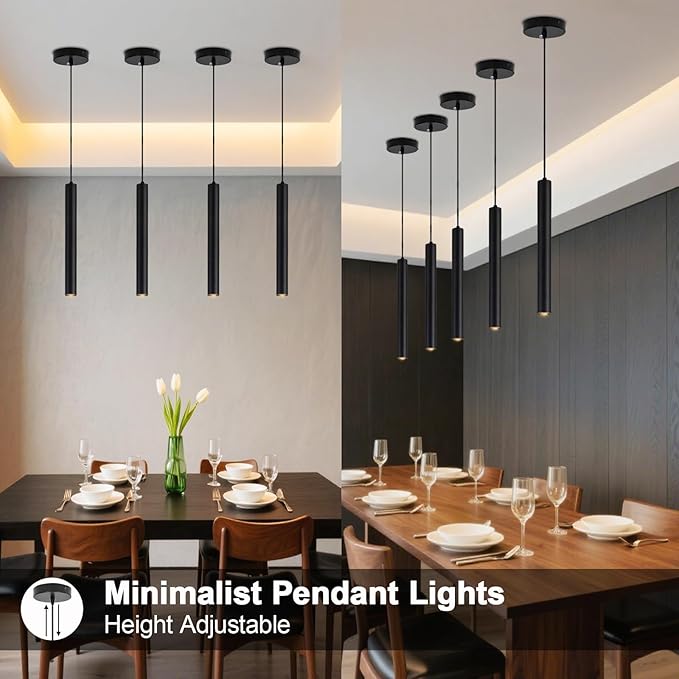 2 Pack Black Pendant Lights, Modern 3W LED Pendant Light Fixtures for Kitchen Island, Long Tube Hanging Light Cord Adjustable for Dining Table Bedroom Bar Hallway (11.8 Inch, 3000K)
