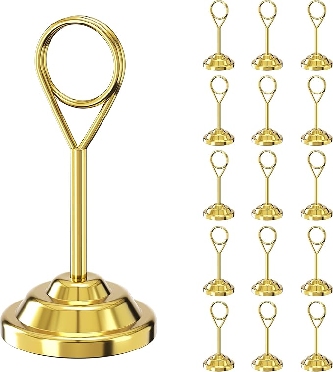 Urban Deco 16 Pieces Table Card Holder Place Card Holders 4 inches Steel Card Holders for Photos, Food Signs, Memo Notes, Weddings, Restaurants, Birthdays (Gold Round)