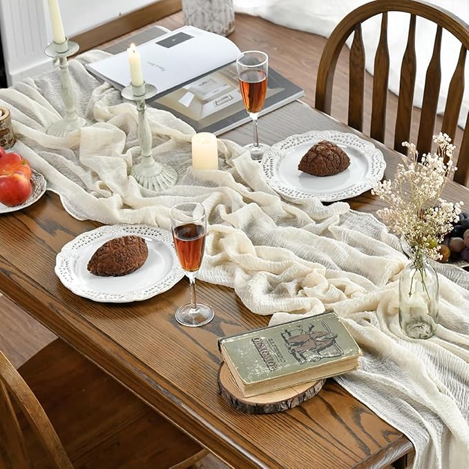 Artoid Mode Boho Cheesecloth Gauze Beige Wedding Table Runner, 160 Inch Seasonal Fabric Kitchen Dining Holiday Table Decor for Home Party Indoor