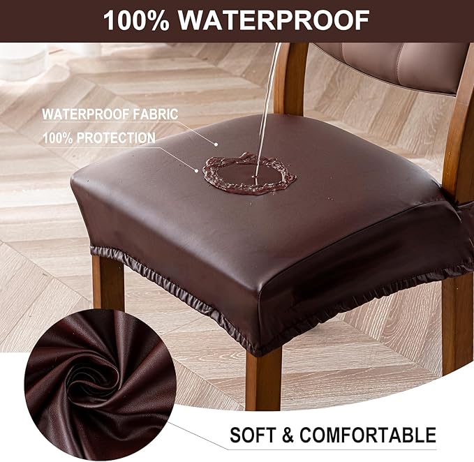 Waterproof Seat Covers for Dining Room Chairs Set of 4 - PU Leather Removable Washable Chair Seat Slipcovers, Rear Covers (Coffee)