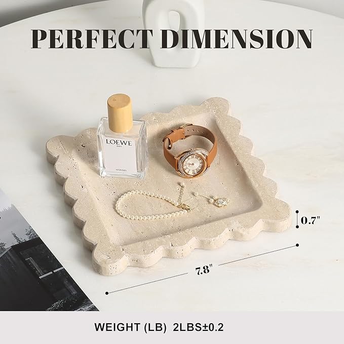 Travertine Decorative Tray, 7.8in Marble Scallop Edge Tray, Square Bathroom Trays for Jewelry Perfume, Vanity, Coffee Table, Beige Stone Trinket Dish for Woman, Dresser Décor Gift