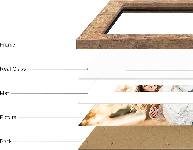 iRahmen 8x12 Picture Frame Set of 4 with High Definition Real Glass, Display 6x8 Pictures with Mat or 8 x 12 Without Mat, Rustic Brown Wood Photo Frames for Tabletop and Wall Mounting