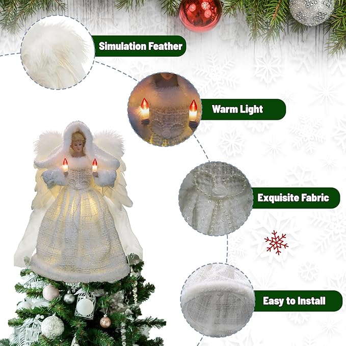 Moving Angel Tree Topper with Lights, 12’’ White, Separately Controlled Flapping Wings and Bright LEDs, 6 On / 18 Off Hours Cycle