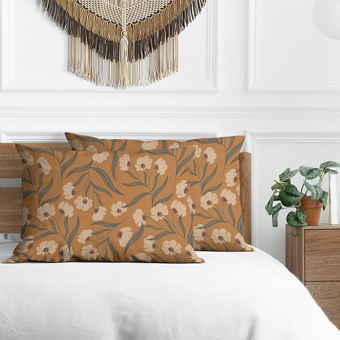 Boho Floral Pillow Covers 18x18 Inch Vintage Botanical Leaf Pillow Protectors with Zipper Standard Size Rustic Nature Wildflowers Pillow Cases Antique Midcentury Modern Bed Pillow Covers Set of 2