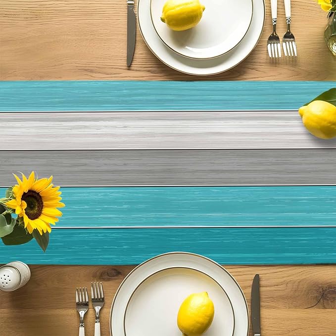 Vandarllin Farmhouse Cotton Linen Table Runner Dresser Scarf Retro Rustic Barn Wood Texture Ombre Aqua Blue Gray Non-Slip Rectangle Settings Decoration for Kitchen Home Dining Holiday, 18x72 inch