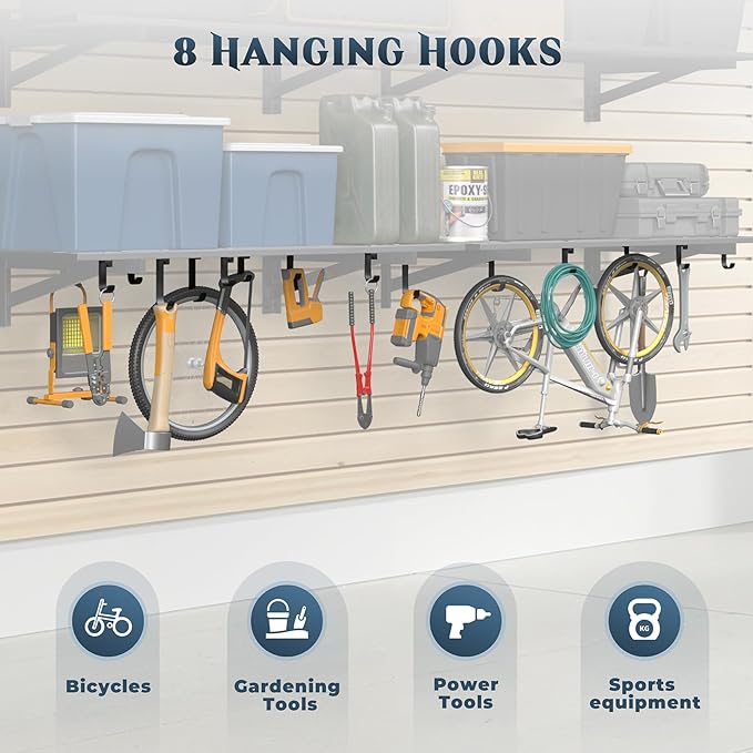 2-Pack 2x4ft Garage Shelving Wall Mounted, 2' x 4' Heavy Duty Garage Storage Shelves with Hooks, 500LB Capacity