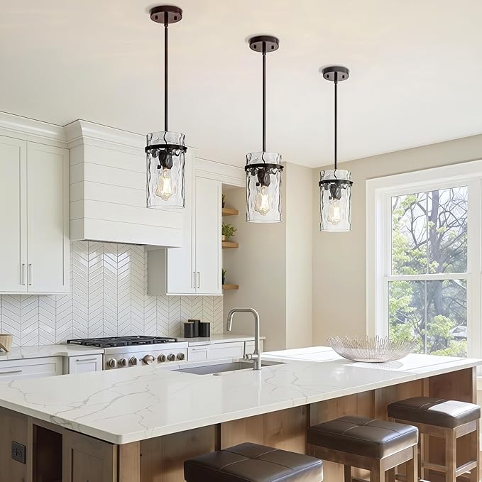 Farmhouse Hammered Hand-Blown Glass Pendant Light, Black Pendant Lights Kitchen Island, Modern Pendant Light Fixtures Island Lights for Kitchen Dining Room Light for Farmhouse Pendant Lighting 1 Pack