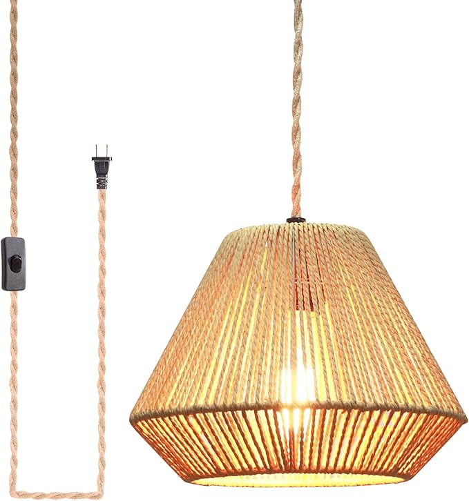 Plug in Pendant Light Rattan Hanging Lamp, Rattan Pendant Light with on/Off Switch,Rattan Woven LampShade Hanging Lamp Plug in for Living Room,Bedroom,Farmhouse