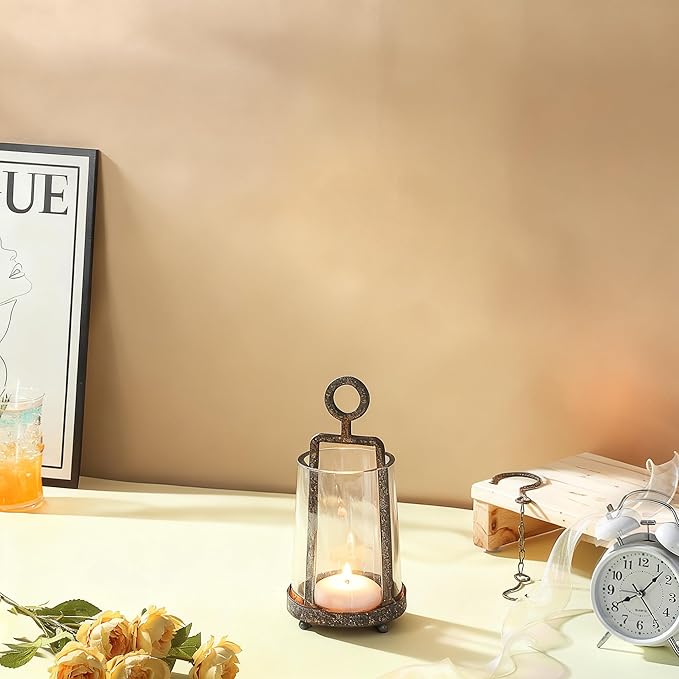 4" Wide Modern Farmhouse Metal Hurricane Candle Holder with Handmade Sturdy Glass Sleeve in Rustic Brown for 2" Pillar Candle & Plants, Glass Hurricane Lantern, Industrial, Minimalistic