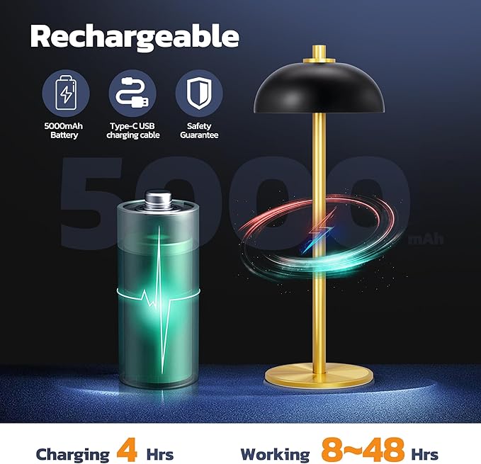 Rechargeable Cordless Table Lamp 2 Pack - 5000mAh Battery Powered Lamp, 3 Color Stepless Dimming LED Table Light with Memory Function, for outdoor, Dinner, Patio, Home, Restaurant.(Black and Gold)