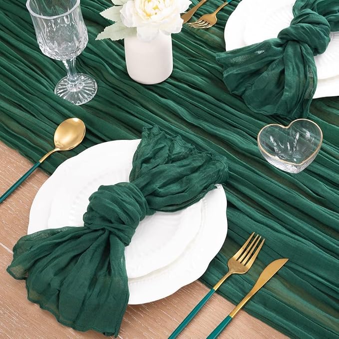 MLMC Emerald Green Table Runner Boho Dark Green Cheesecloth Table Runner 10ft Sheer Gauze Cheese Cloth Decorations for St. Patrick's Day Wedding Bridal Shower Home Party Decor