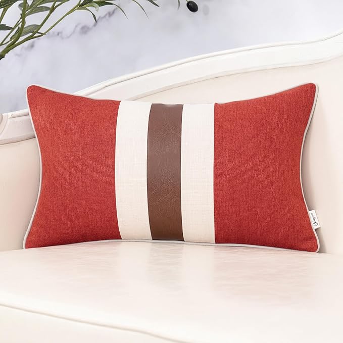 Yangest Patchwork Pillow Cover 12x20 Inch Luxury Cotton and Linen Cushion Cover Faux Leather Pillowcover for Couch Bedroom Living Room, Orange