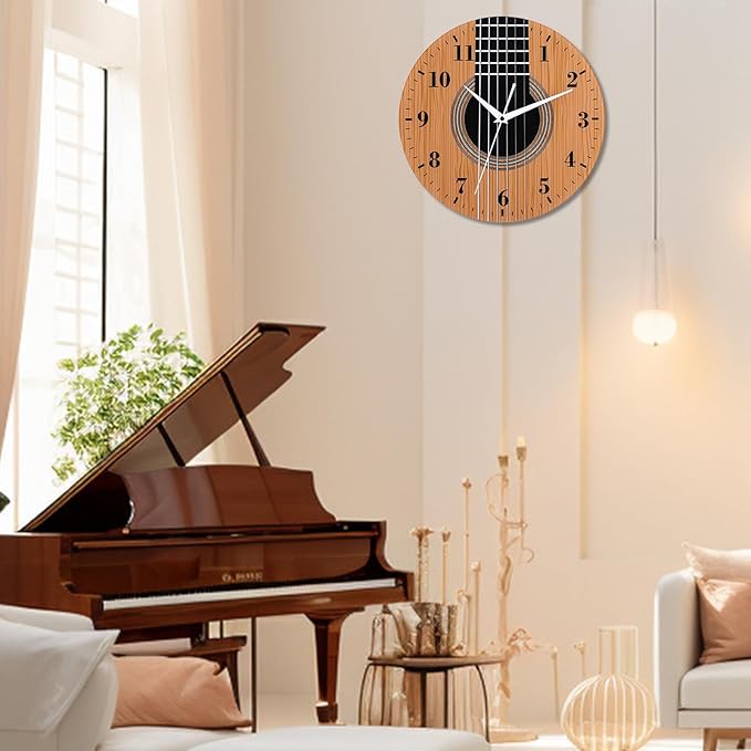 12 Inch Music Themed Wall Clock with Wooden Guitar Dial, Silent Clock Movement and Battery Operated, Great Decor for Music Room, Bedroom and Nice Gifts for Guitar Lover and Musicians