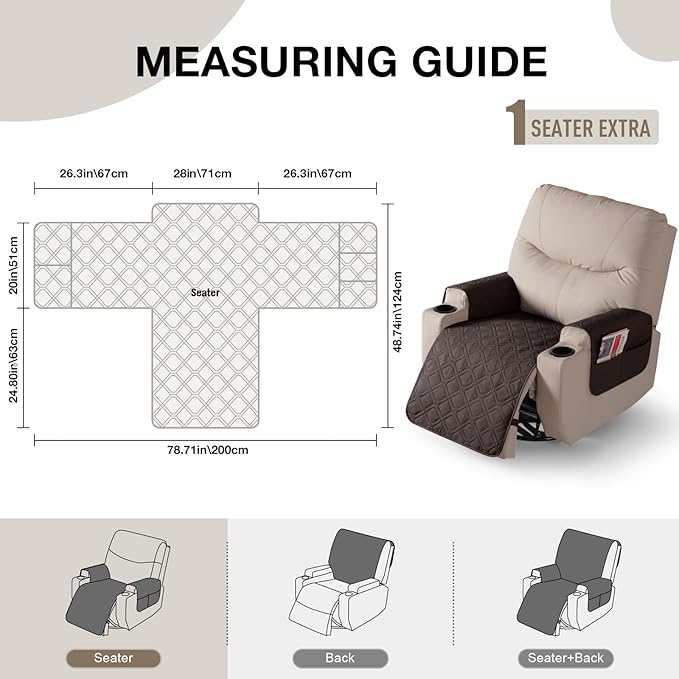 VANSOFY Recliner Chair Covers 100% Waterproof Seat Cover with Arm Reclining Cover Non-Slip Recliner Chair Covers Furniture Protector Washable Slipcover with Pocket for Pets, Dogs(Chocolate, 28")