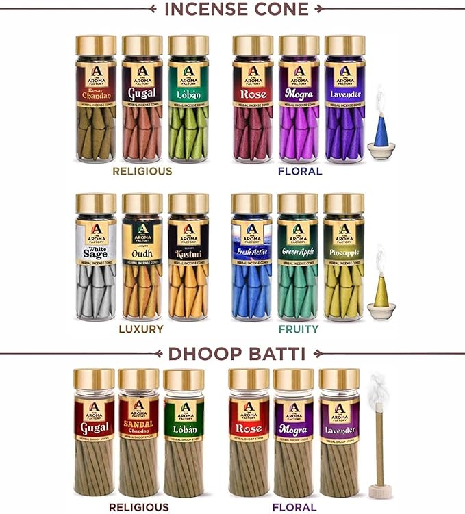The Aroma Factory Dhoop batti .No Bamboo Herbal Dhoop Sticks with Incense Holder, 5 Bottle x 75g,with Jute Bag (Wellness)