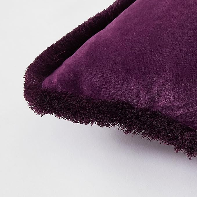 JUSPURBET Pack of 2 Eggplant Decorative Fringe Velvet Throw Pillow Covers 26x26 for Home Decor Living Room Bedroom Car Boho Soft Cushion Cover with Hidden Zipper Machine Washable