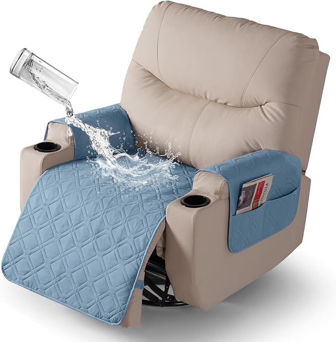 VANSOFY Recliner Chair Covers 100% Waterproof Seat Cover with Arm Reclining Cover Non-Slip Recliner Chair Covers Furniture Protector Washable Slipcover with Pocket for Pets, Dogs(Azuree, 25")