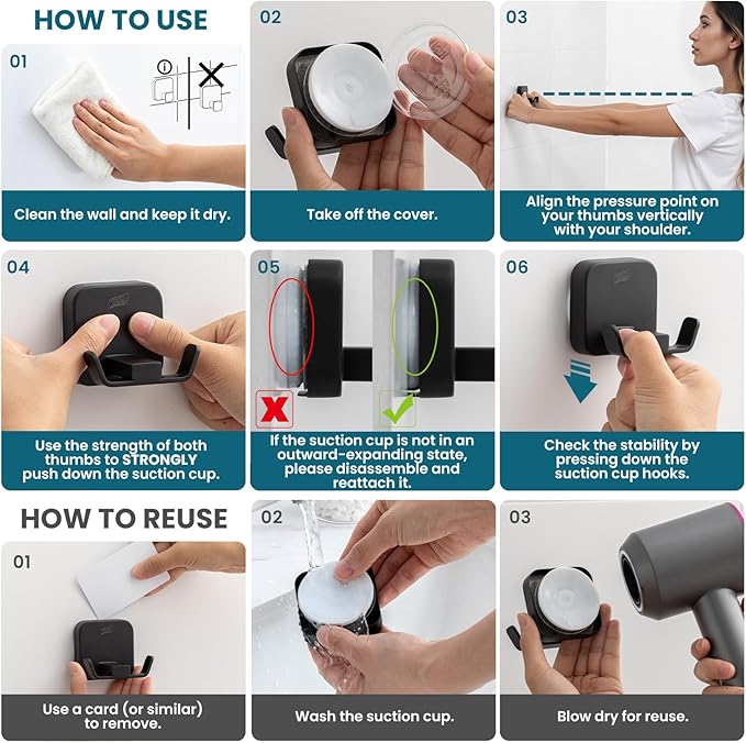 TAILI Patented Strong Suction Cup Hook, 304 Stainless Steel Bathroom Suction Cup Holder for Towel, Loofah, Bathrobe, Damage-Free Hanging Shower Wall Hook, Double-Hook Widening Design, 2 Pack, Black