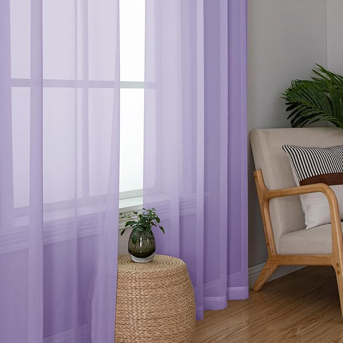 Lecloud 72 Inch Light Purple Sheer Curtains & Panels Set of 2, Airy & Breathable Solid Voile Lavender Curtain for Girls Bedroom, Gauzy Window French Door Living Room Drapes with Rod Pockets, 40W x 72L