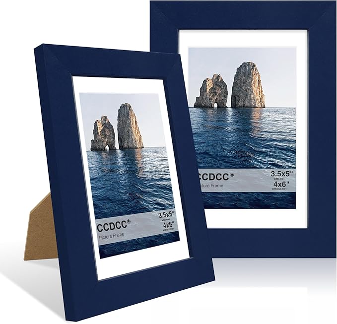 4x6 Picture Frame Set of 2, 4 x 6 Wood Photo Frames with Mat for 3.5x5, Natural Wooden Frame with Real Glass Cover for Wall and Tabletop Display,Blue