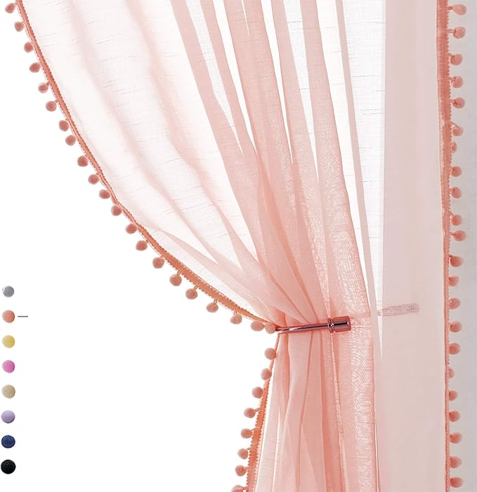 Treatmentex Blush Pink Pompom Sheer Curtains for Bedroom 84" Linen Textured Window Drapes for Living Room Kids Room 2 Panels 52" w
