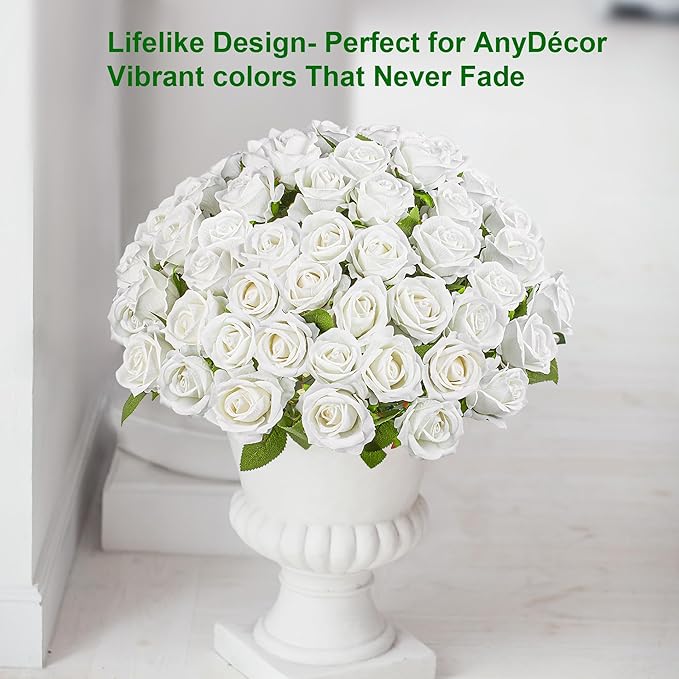 Artificial Flowers Roses Touch Fake Rose Bouquet Flower Stem for Wedding Centerpieces DIY Wreath Home Decorations Silk Roses Mothers Party Fake Outdoor Flowers Decor 19.6"(50PCS White)