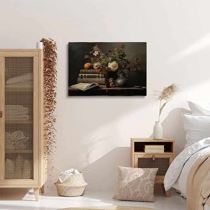 Moody Library Painting,Books Flowers Still Life,Dark Academia Prints,Gothic Books Painting,Moody Wall Art, Dark Cottagecore, Antique Oil Painting,Vintage Cottage core Aesthetic Decor16x24inch Framed