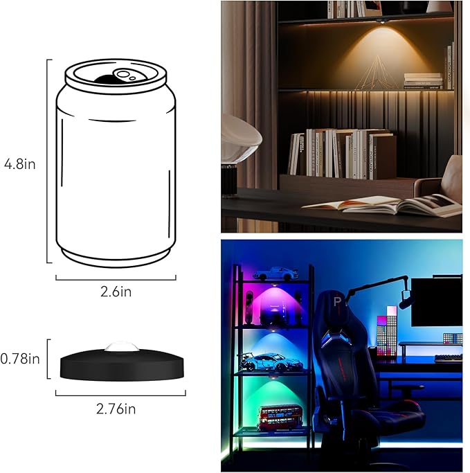 Rechargeable Puck Lights with Remote, 6 Pack Magnetic Under Cabinet Lighting, 1500mAh Battery Operated LED Tap Lights with Dimmer & Timmer for Kitchen, Closet, Shelf - 3 Color Temps & 12 RGB, Black